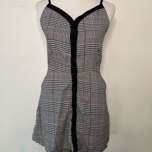 Plaid Button-Front Mini Romper Dress with Black Trim